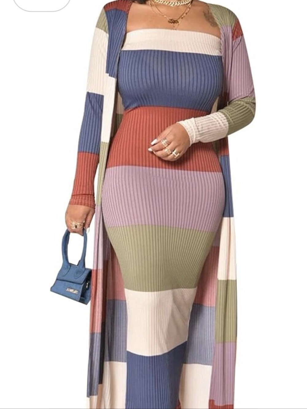 Striped Ribbed Midi Dress with Matching Duster - Multicolor